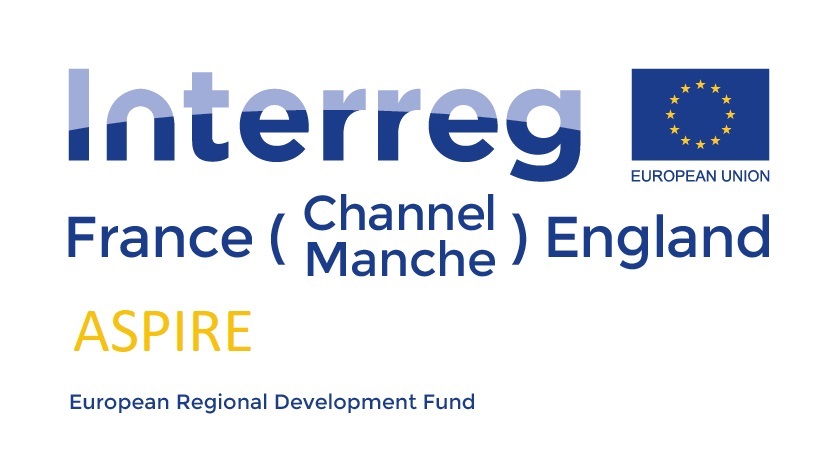 The project logo, featuring Interreg France (Channel Manche) England, the project name, Aspire, and the European Regional Development Fund